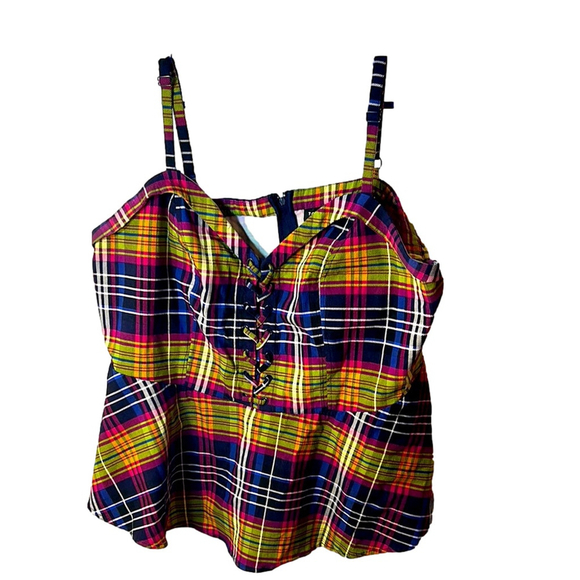 Torrid baby doll, Plaid vibrant Multicolor Women's Top with shoelace detail 3X - Picture 2 of 11